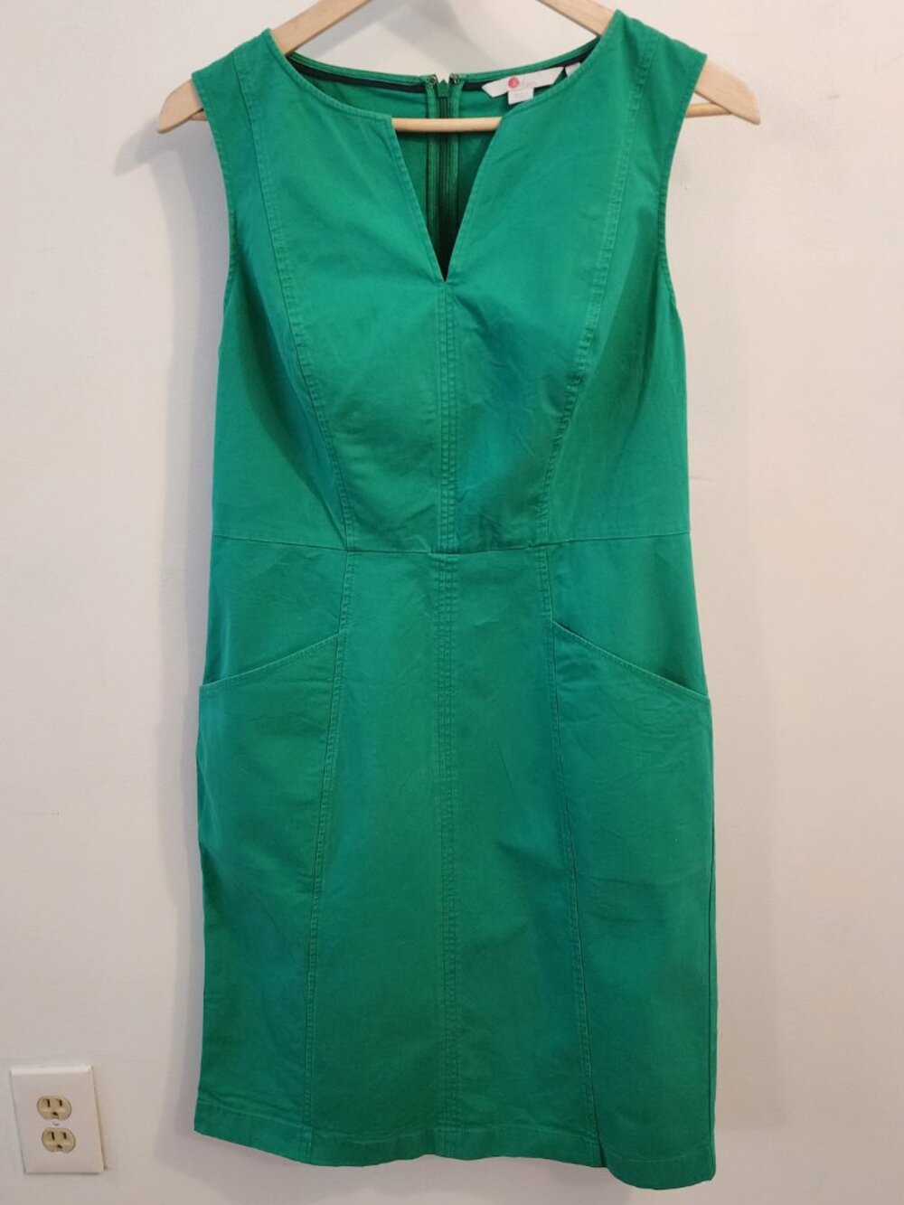 BODEN Helena Cotton Chino Sheath Dress Sz 8L Green Pockets Sleeveless Notch Neck - Picture 4 of 15